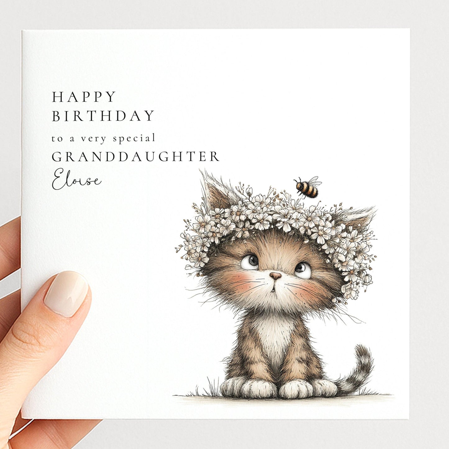 Granddaughter Birthday Card – Personalised Floral Cute Kitten Design With Matte Finish