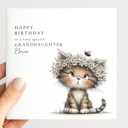 Granddaughter Birthday Card – Personalised Floral Cute Kitten Design With Matte Finish