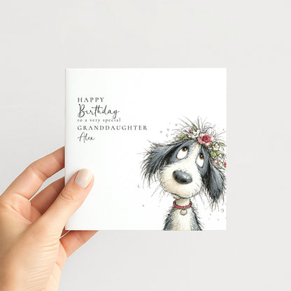 Granddaughter Birthday Card – Personalised Floral Dog Card With Envelope