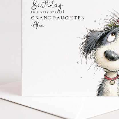 Granddaughter Birthday Card – Personalised Floral Dog Card With Envelope