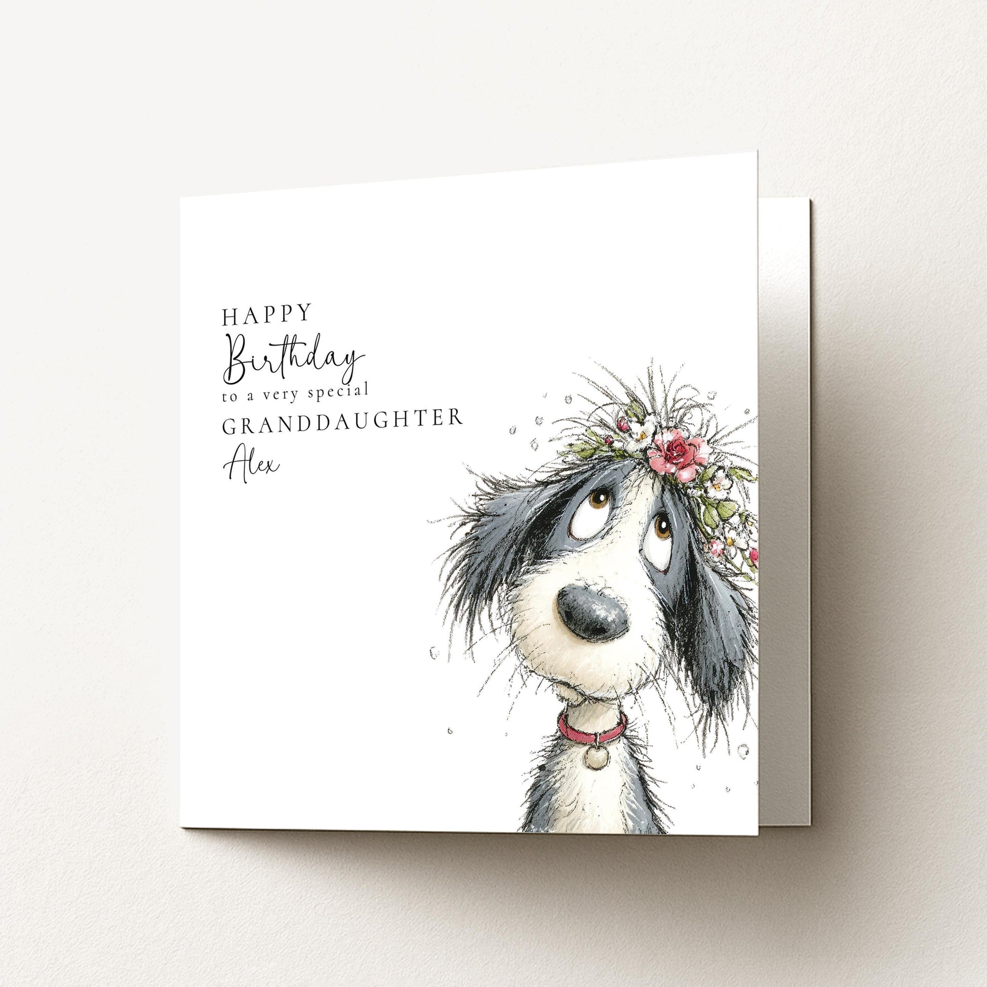 Granddaughter Birthday Card – Personalised Floral Dog Card With Envelope