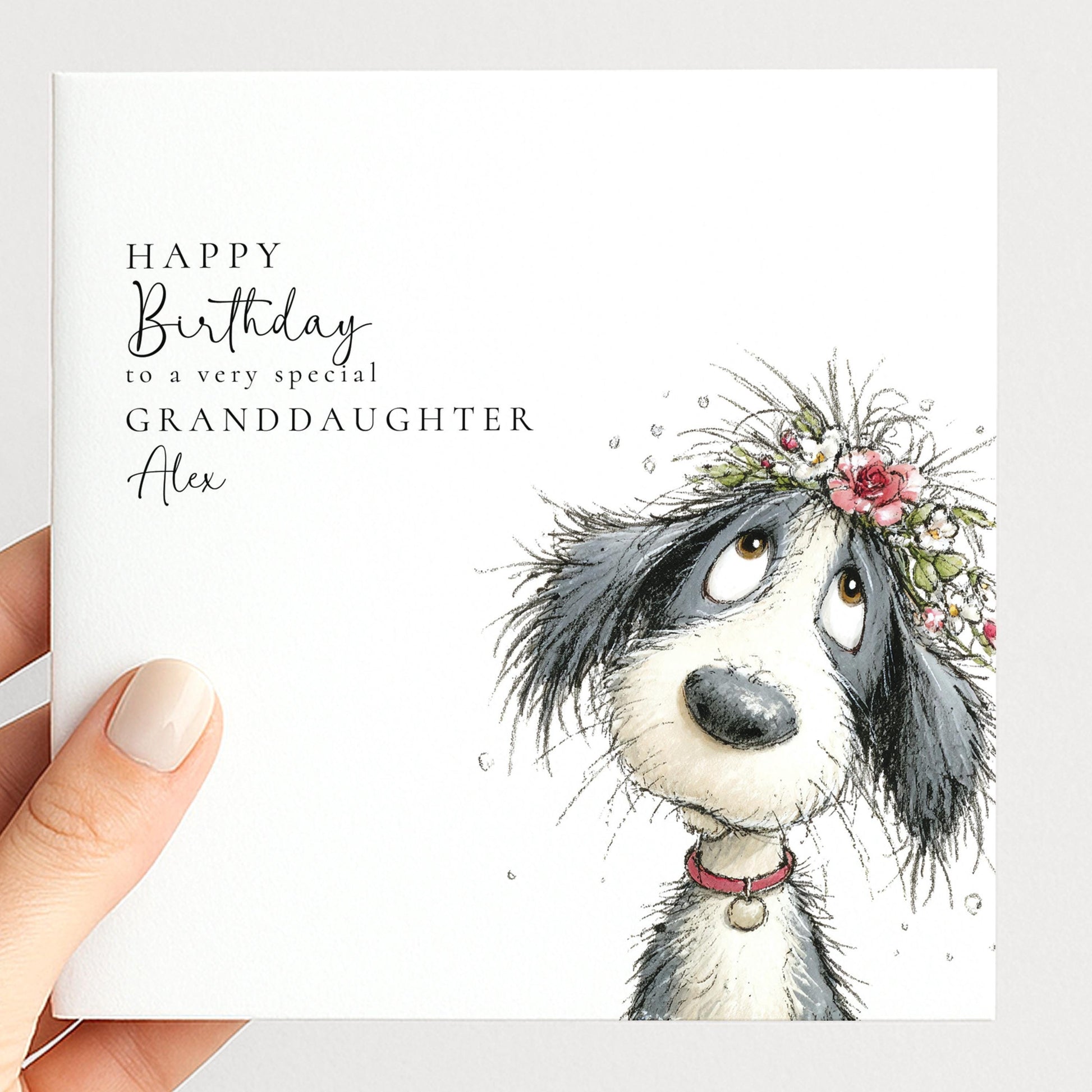 Granddaughter Birthday Card – Personalised Floral Dog Card With Envelope