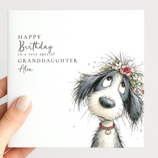 Granddaughter Birthday Card – Personalised Floral Dog Card With Envelope