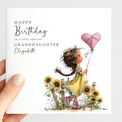 Granddaughter Birthday Card - Personalised Heart Kite Floral Keepsake
