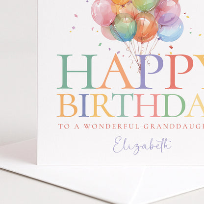 Granddaughter Birthday Card - Personalised Keepsake With Colourful Balloons & Matte Finish