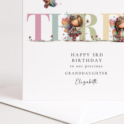 Granddaughter Birthday Card - Personalized 3rd Birthday Keepsake With Fairy Illustration