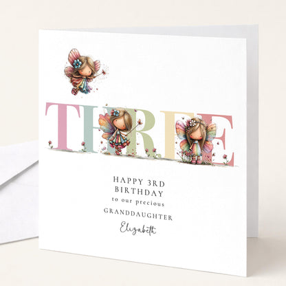 Granddaughter Birthday Card - Personalized 3rd Birthday Keepsake With Fairy Illustration