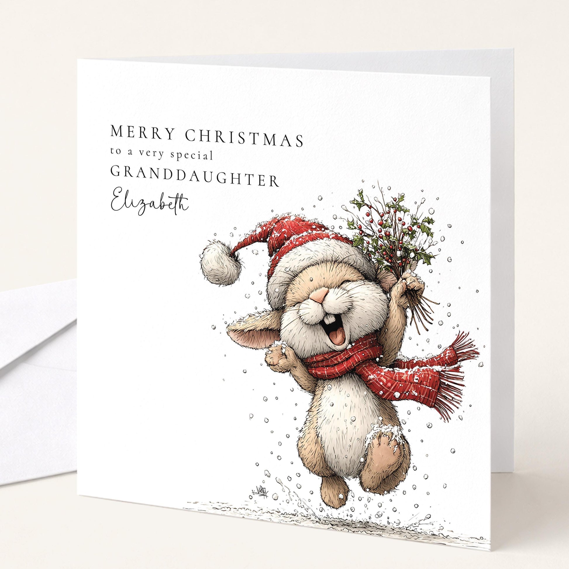 Granddaughter Christmas Card – Personalised Cute Bunny With Matte Finish
