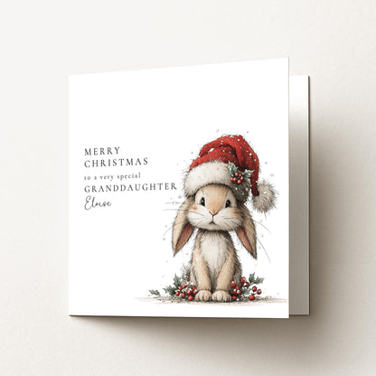 Granddaughter Christmas Card - Personalised Festive Bunny Santa Hat Card