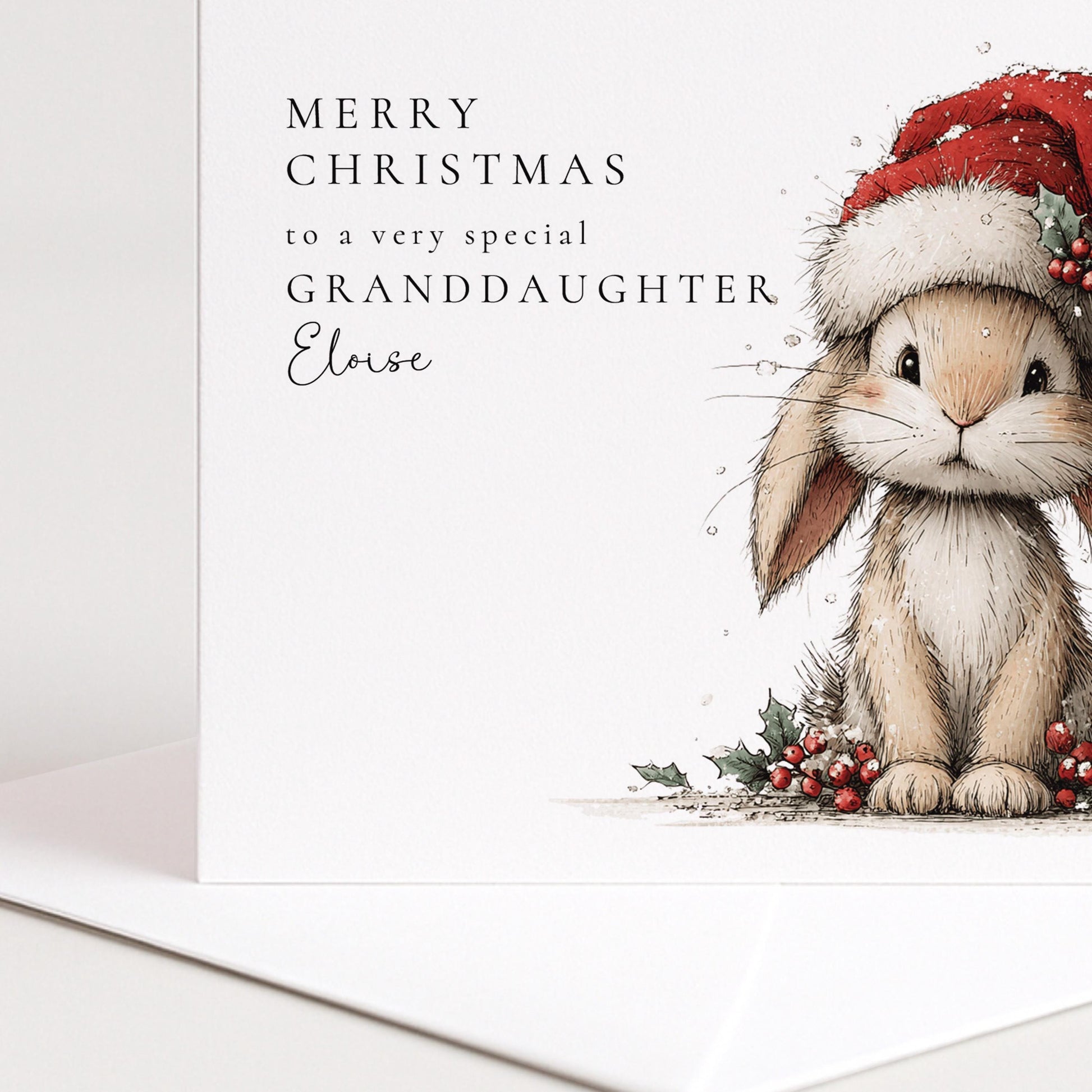 Granddaughter Christmas Card - Personalised Festive Bunny Santa Hat Card