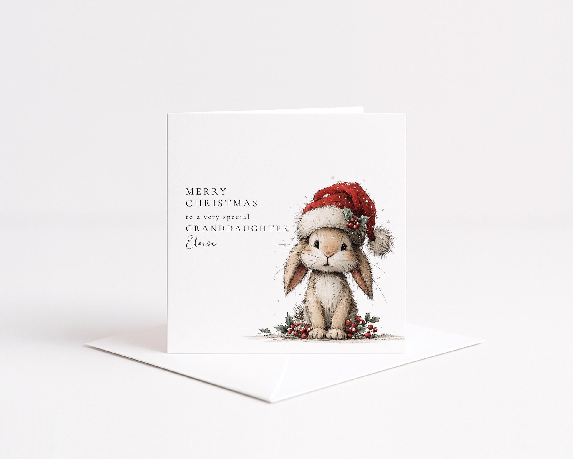 Granddaughter Christmas Card - Personalised Festive Bunny Santa Hat Card