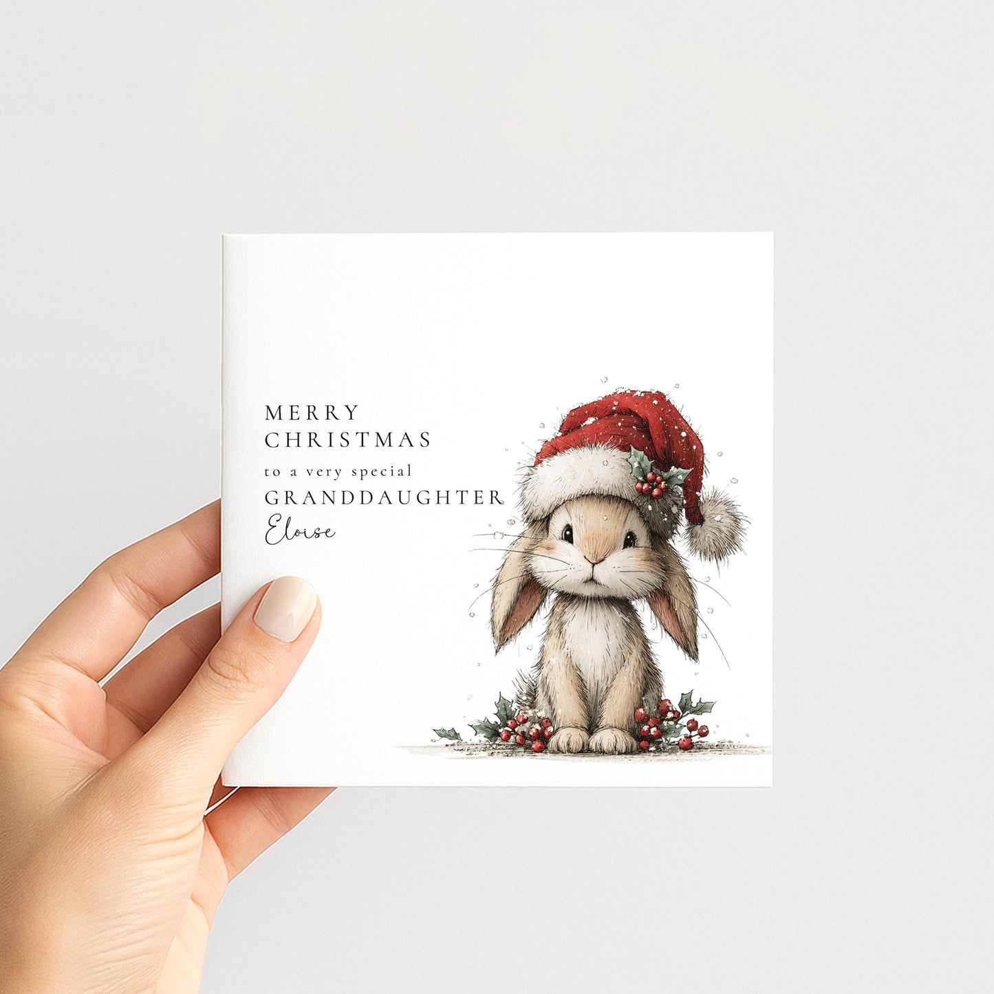 Granddaughter Christmas Card - Personalised Festive Bunny Santa Hat Card
