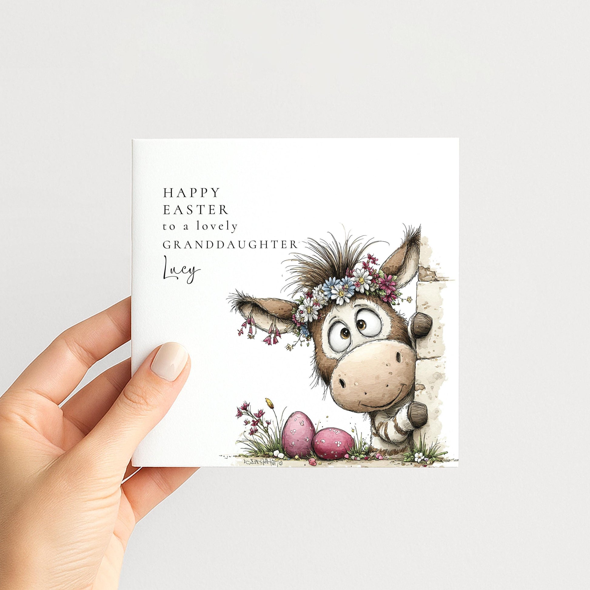 Granddaughter Easter Card – Personalised Cute Donkey Design With Floral Crown