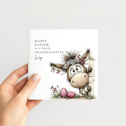 Granddaughter Easter Card – Personalised Cute Donkey Design With Floral Crown