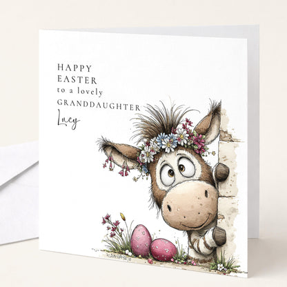 Granddaughter Easter Card – Personalised Cute Donkey Design With Floral Crown