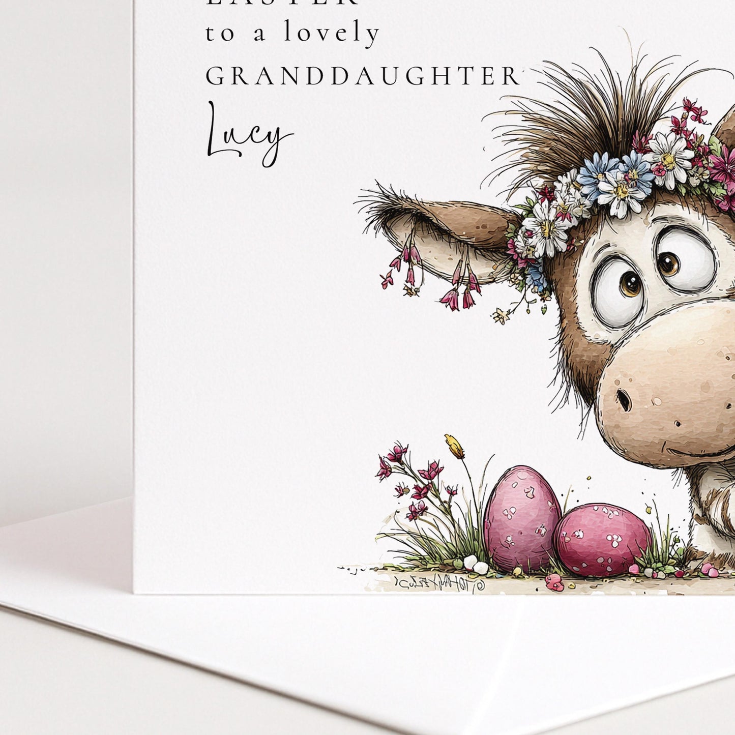 Granddaughter Easter Card – Personalised Cute Donkey Design With Floral Crown