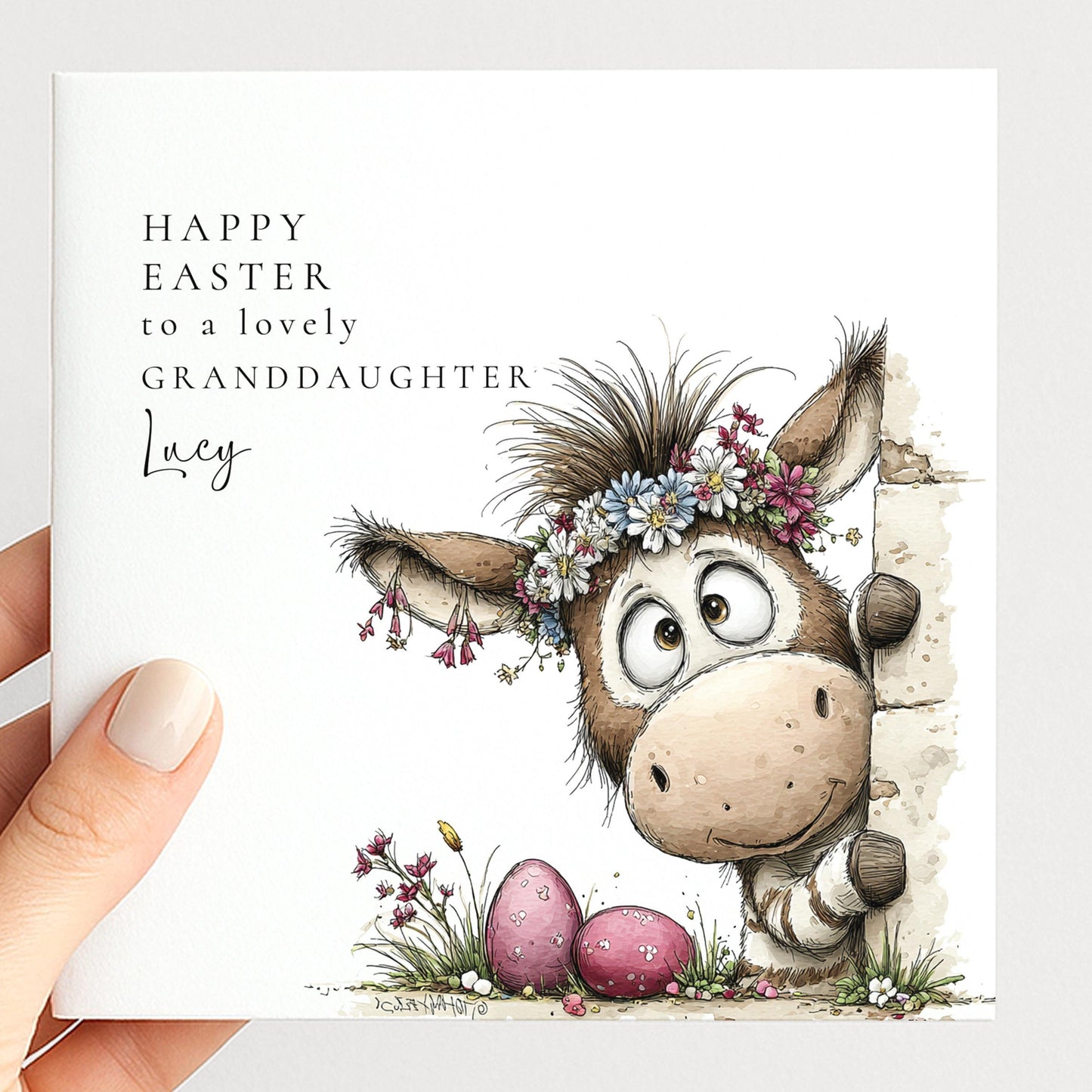 Granddaughter Easter Card – Personalised Cute Donkey Design With Floral Crown