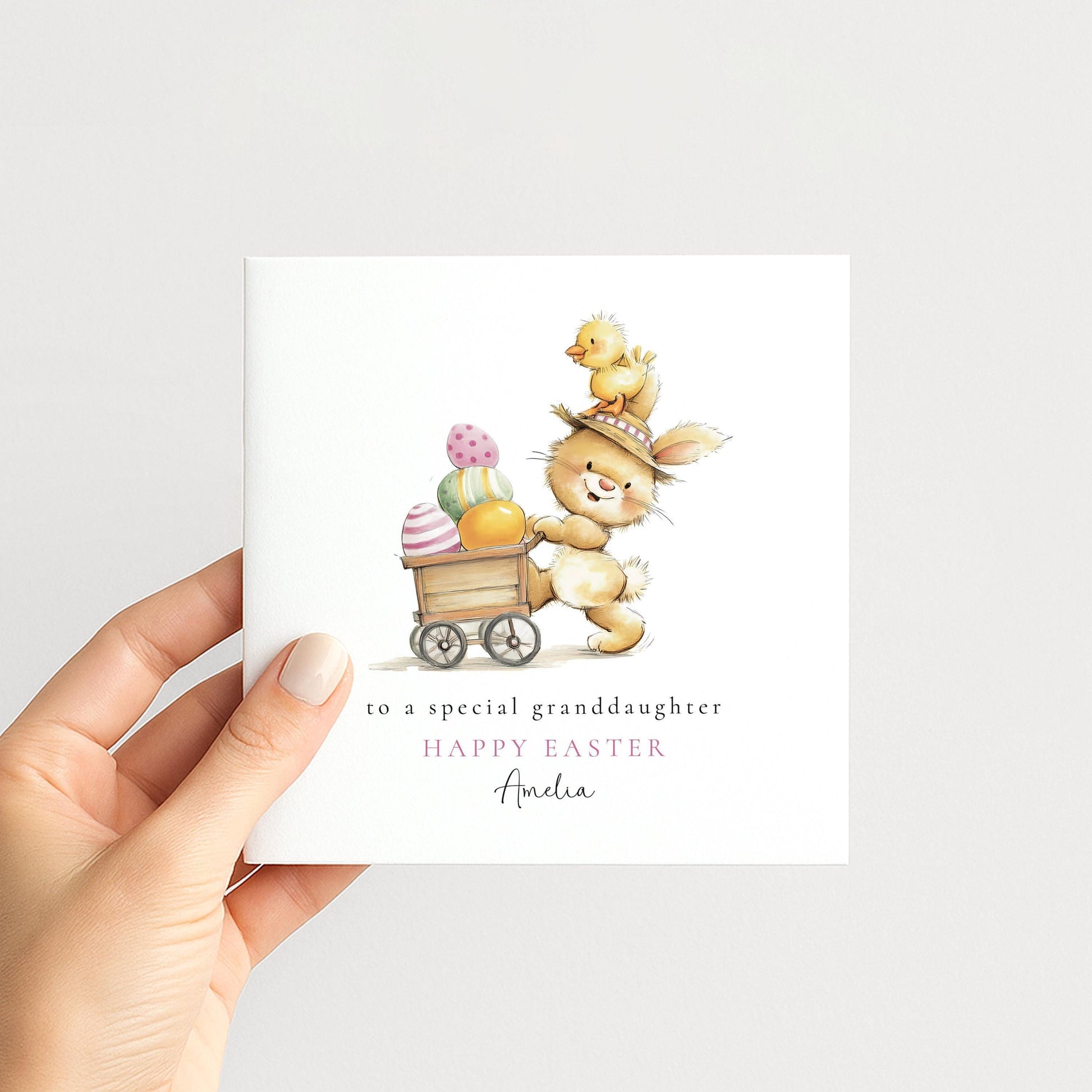 Granddaughter Easter Card – Personalised Name, Bunny Chick Illustration & Keepsake