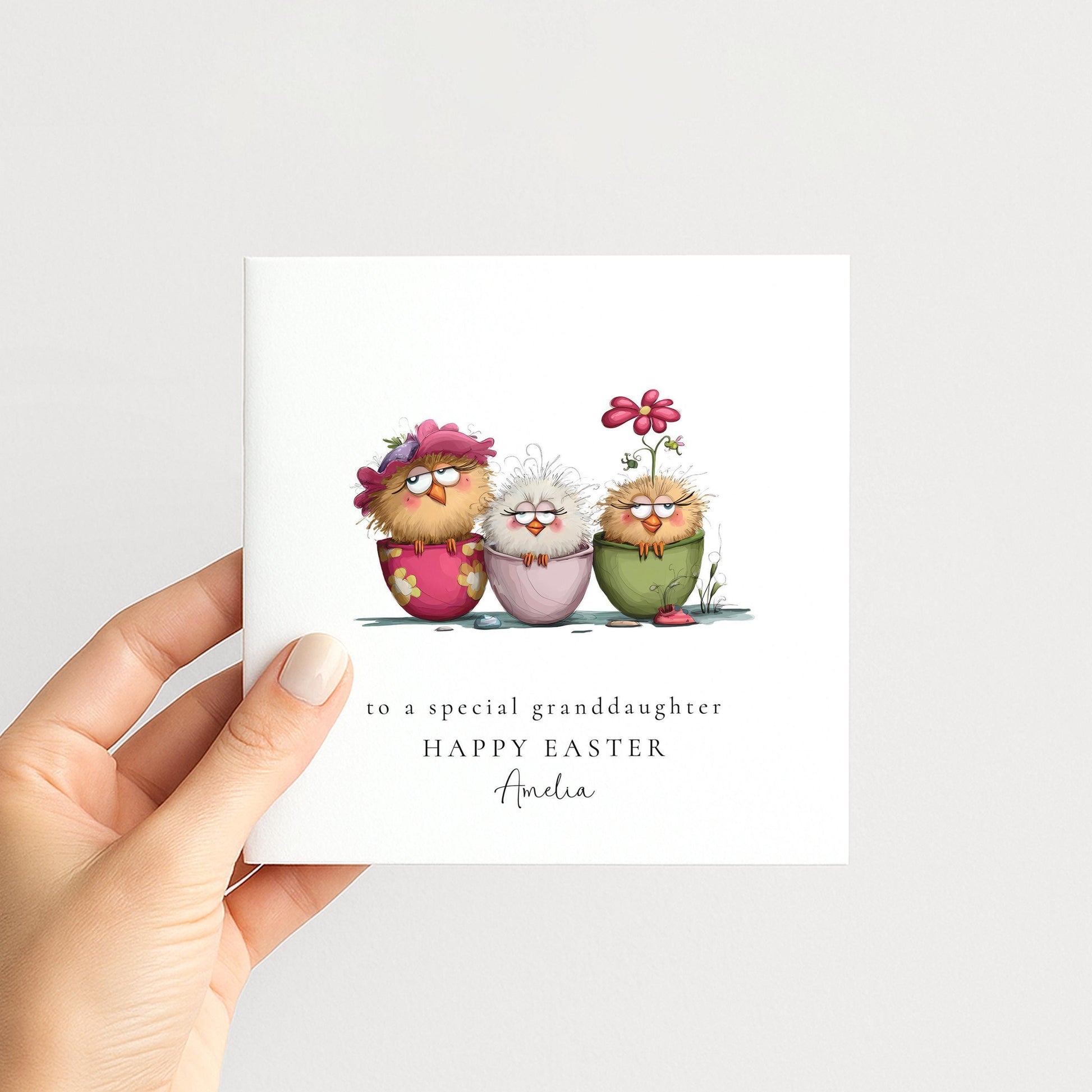 Granddaughter Easter Card - Personalised Name & Cute Pastel Chick Illustration