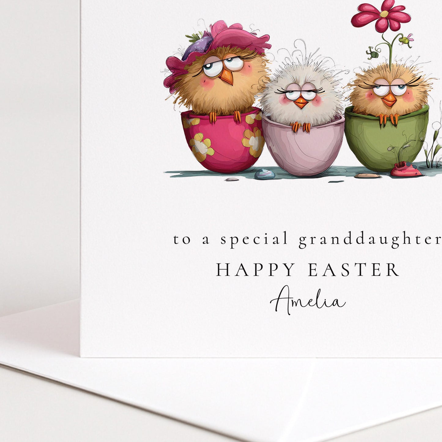 Granddaughter Easter Card - Personalised Name & Cute Pastel Chick Illustration