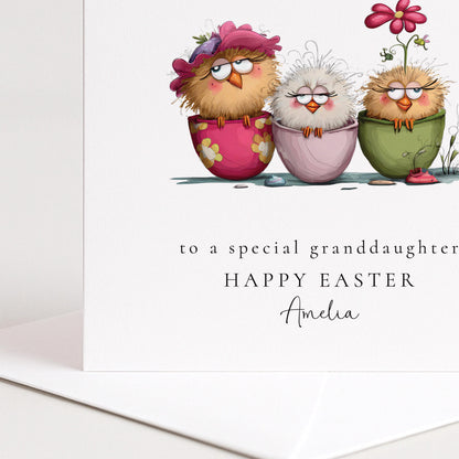 Granddaughter Easter Card - Personalised Name & Cute Pastel Chick Illustration