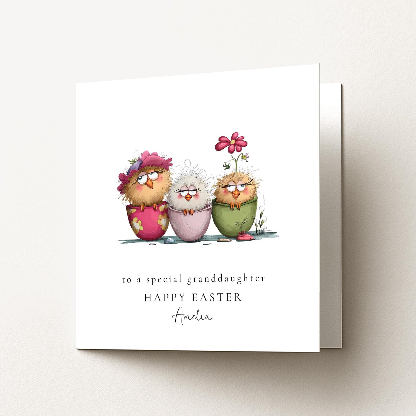 Granddaughter Easter Card - Personalised Name & Cute Pastel Chick Illustration