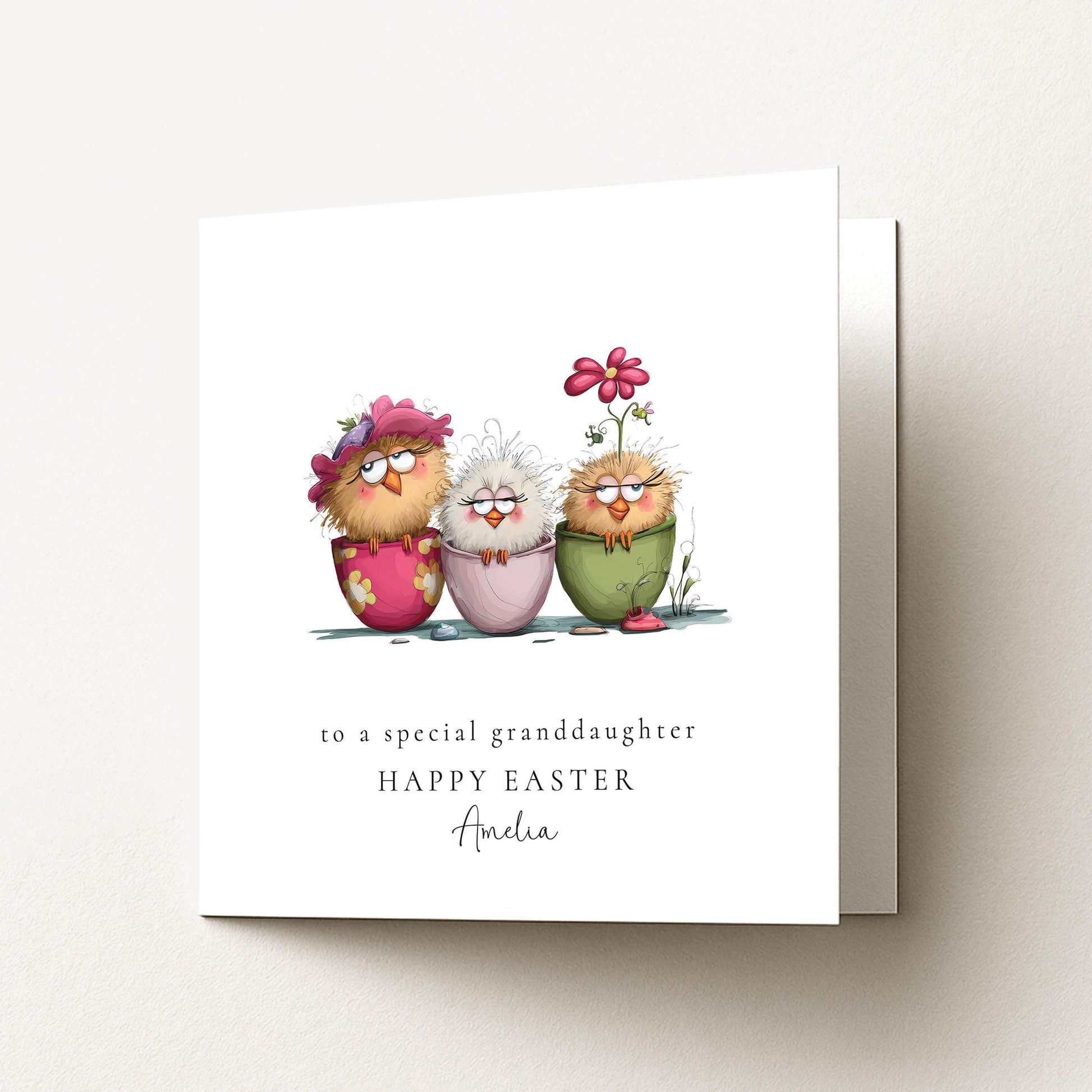 Granddaughter Easter Card - Personalised Name & Cute Pastel Chick Illustration