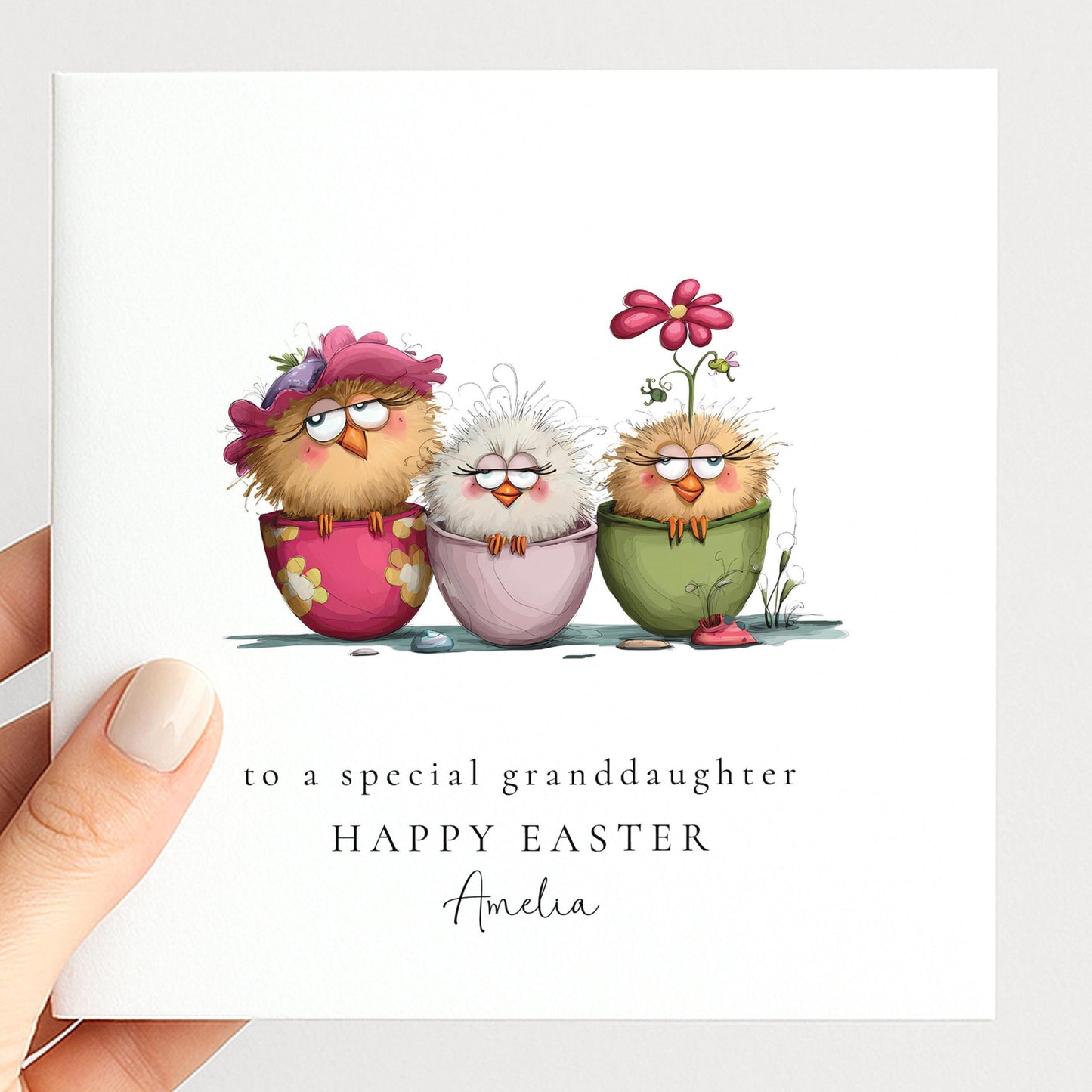 Granddaughter Easter Card - Personalised Name & Cute Pastel Chick Illustration