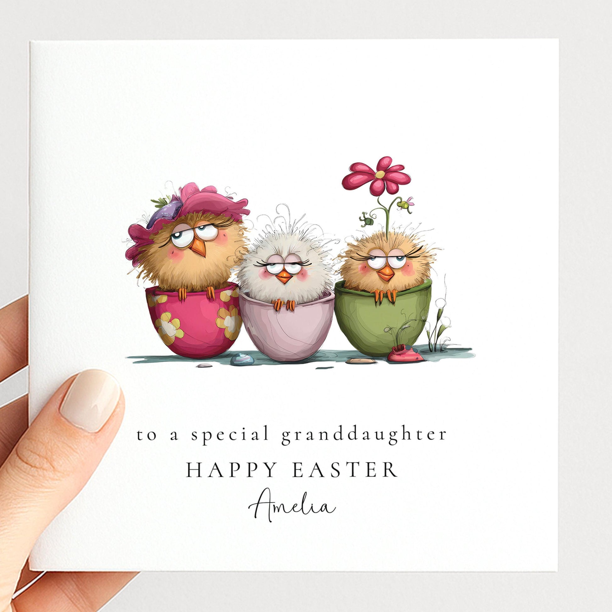 Granddaughter Easter Card - Personalised Name & Cute Pastel Chick Illustration