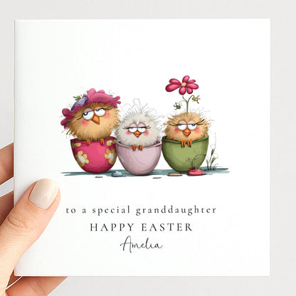 Granddaughter Easter Card - Personalised Name & Cute Pastel Chick Illustration