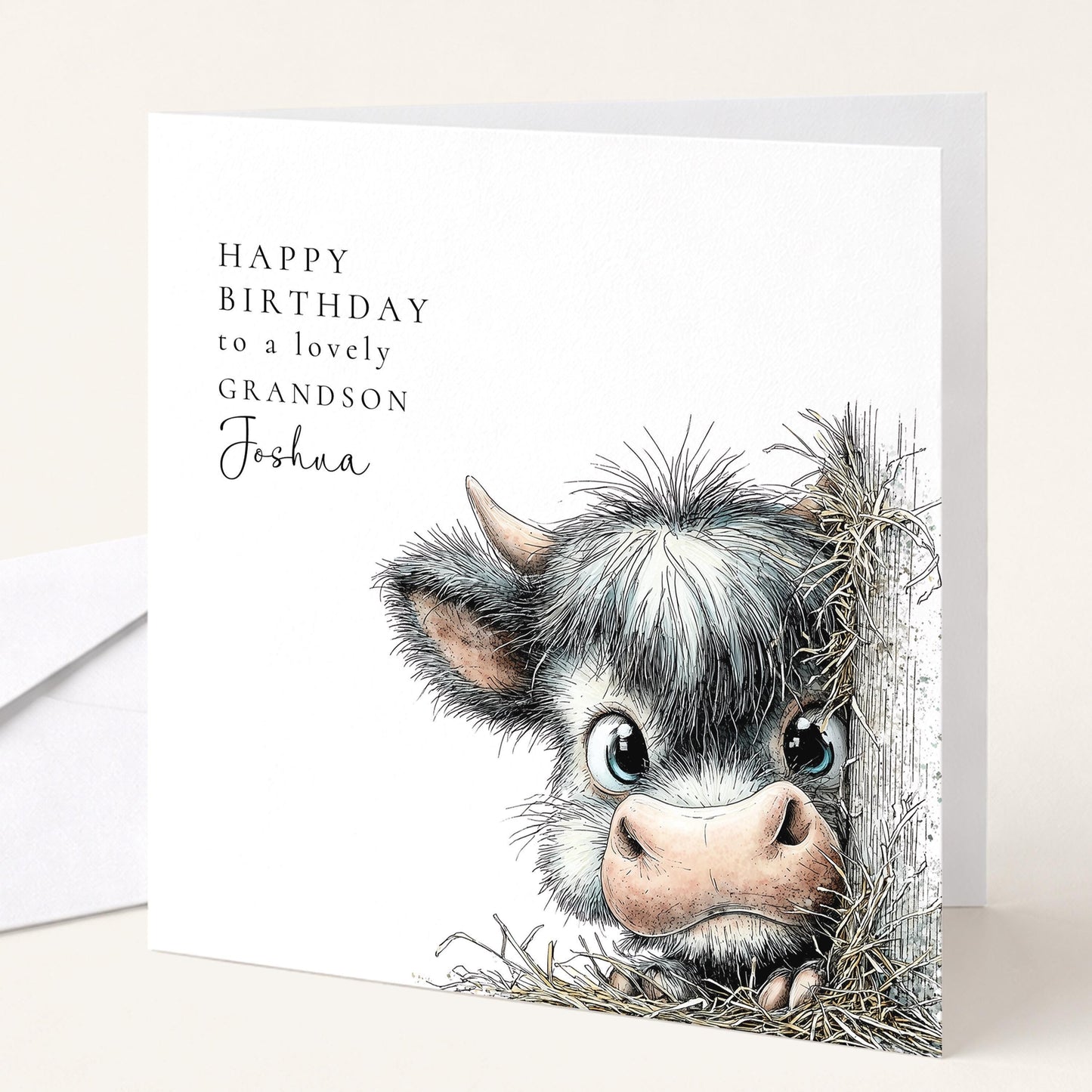 Grandson Birthday Card – Cute Baby Cow Illustration | Personalised Rustic Style