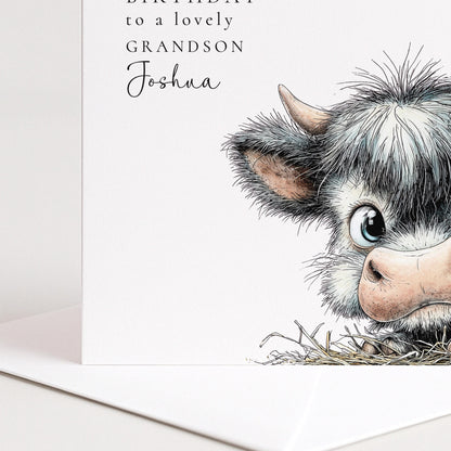 Grandson Birthday Card – Cute Baby Cow Illustration | Personalised Rustic Style