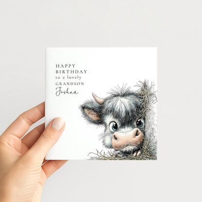 Grandson Birthday Card – Cute Baby Cow Illustration | Personalised Rustic Style