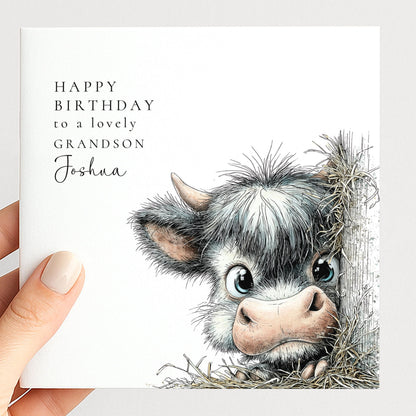 Grandson Birthday Card – Cute Baby Cow Illustration | Personalised Rustic Style