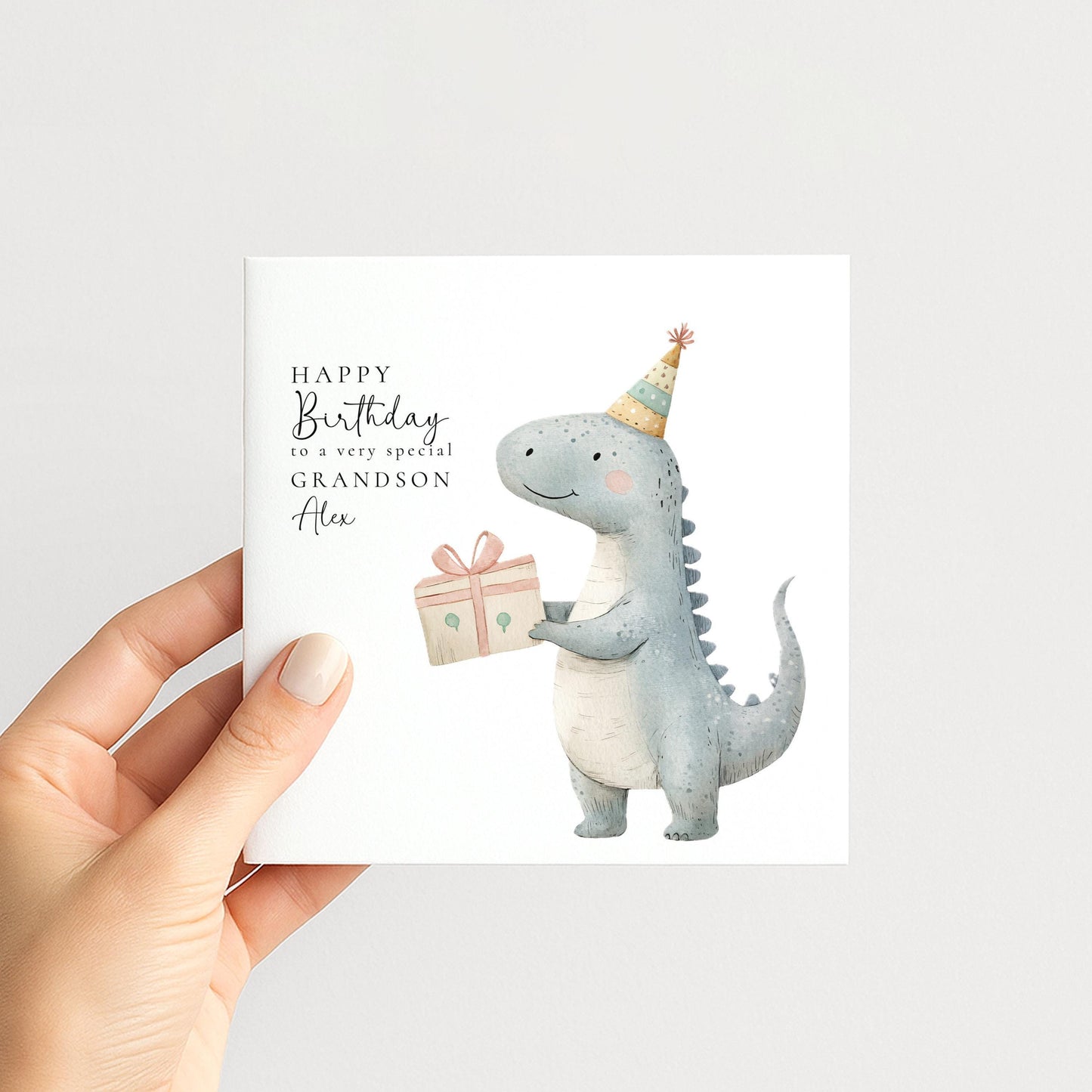 Grandson Birthday Card - Cute Dino Kids Party Folded Square Matte Finish