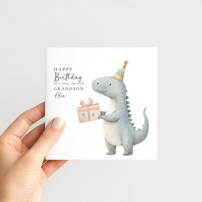 Grandson Birthday Card - Cute Dino Kids Party Folded Square Matte Finish