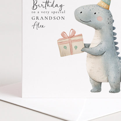 Grandson Birthday Card - Cute Dino Kids Party Folded Square Matte Finish