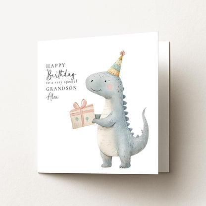 Grandson Birthday Card - Cute Dino Kids Party Folded Square Matte Finish