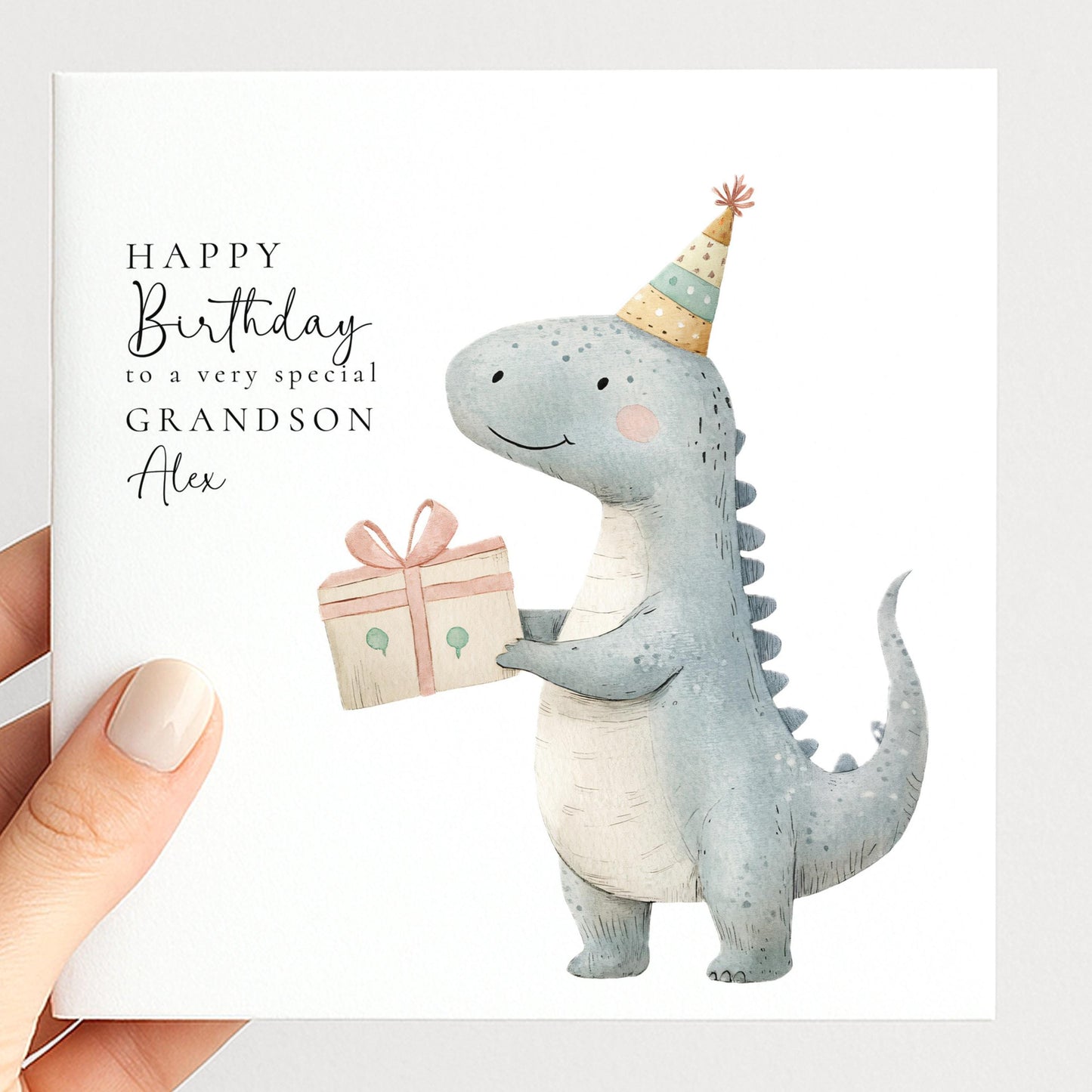 Grandson Birthday Card - Cute Dino Kids Party Folded Square Matte Finish