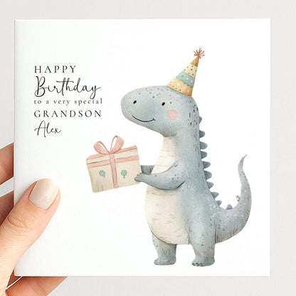 Grandson Birthday Card - Cute Dino Kids Party Folded Square Matte Finish