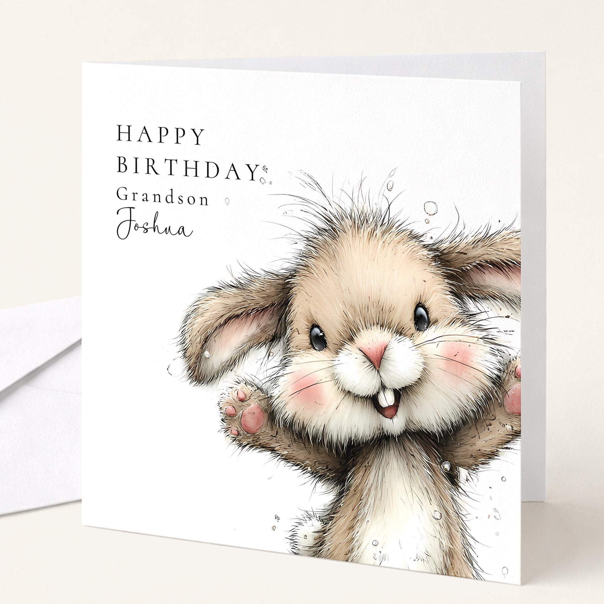 Grandson Birthday Card – Personalised Cute Bunny Rabbit Design With Name