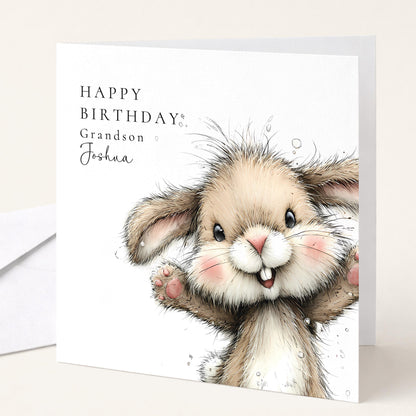 Grandson Birthday Card – Personalised Cute Bunny Rabbit Design With Name