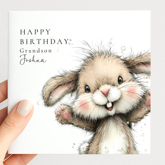 Grandson Birthday Card – Personalised Cute Bunny Rabbit Design With Name