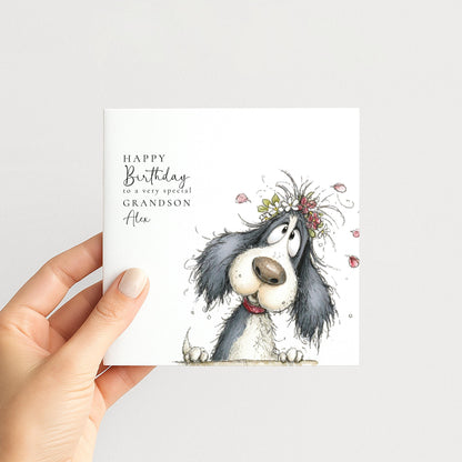 Grandson Birthday Card – Personalised Floral Dog Design | Matte Finish