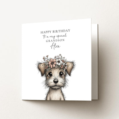 Grandson Birthday Card - Personalised Floral Puppy Card With Name