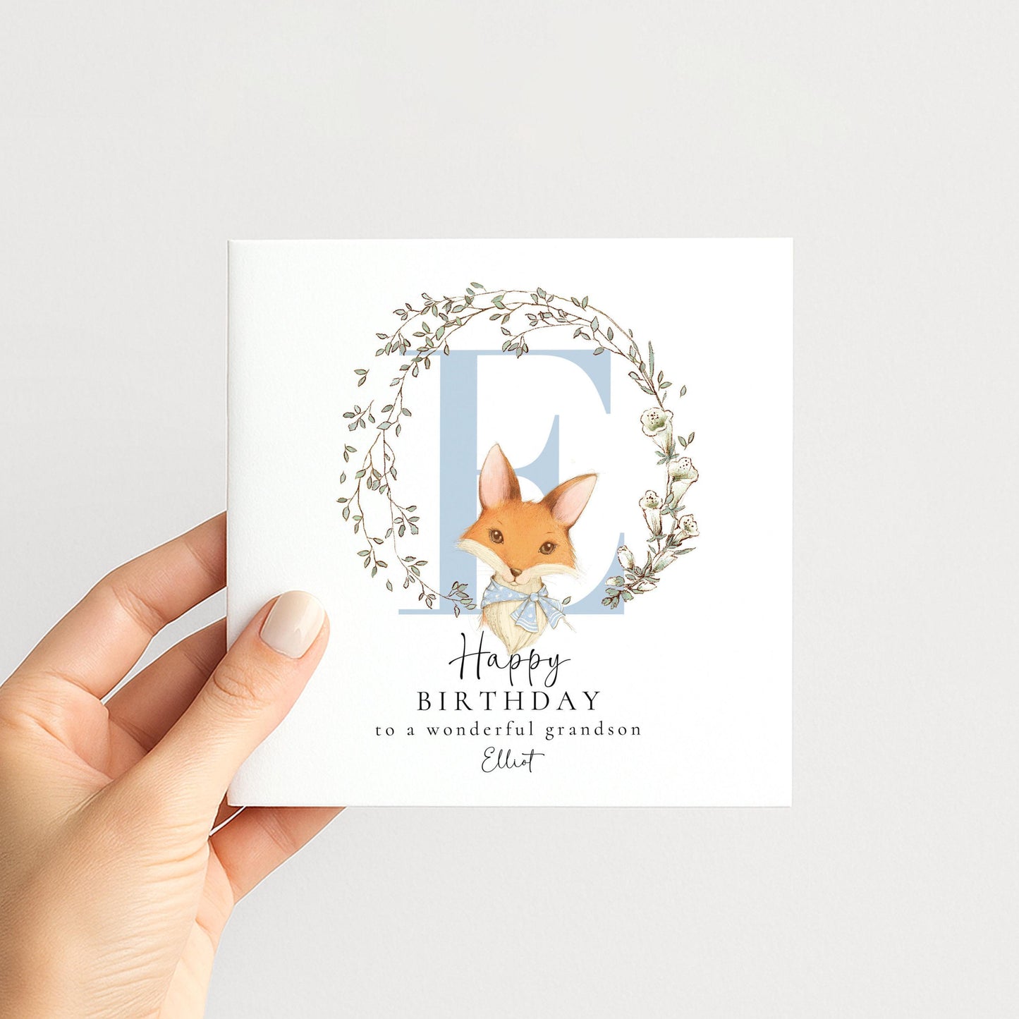 Grandson Birthday Card - Personalised Fox & Floral Wreath Keepsake
