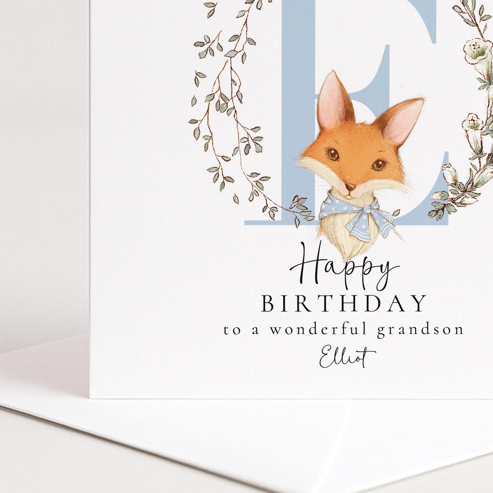 Grandson Birthday Card - Personalised Fox & Floral Wreath Keepsake