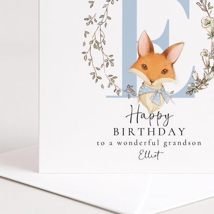 Grandson Birthday Card - Personalised Fox & Floral Wreath Keepsake