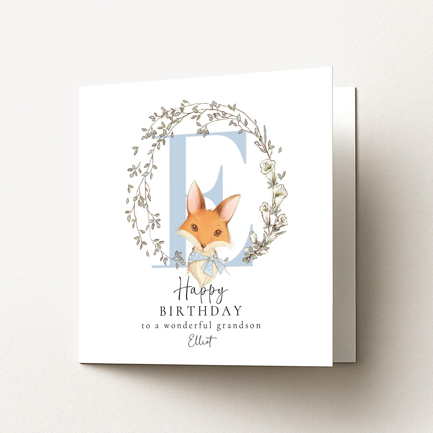 Grandson Birthday Card - Personalised Fox & Floral Wreath Keepsake