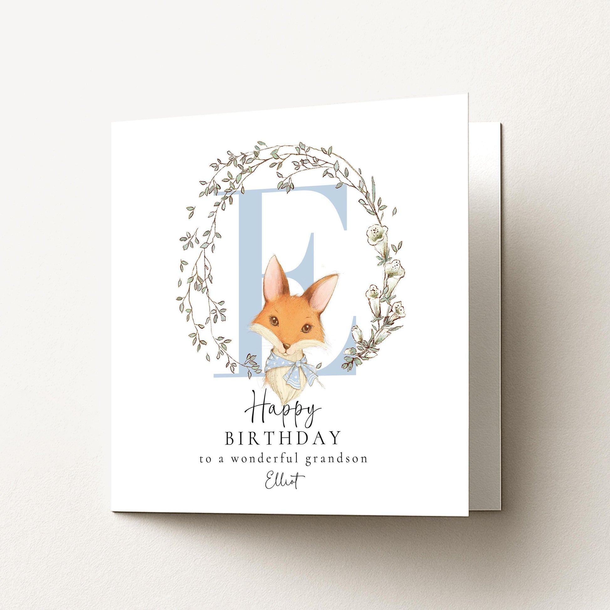 Grandson Birthday Card - Personalised Fox & Floral Wreath Keepsake